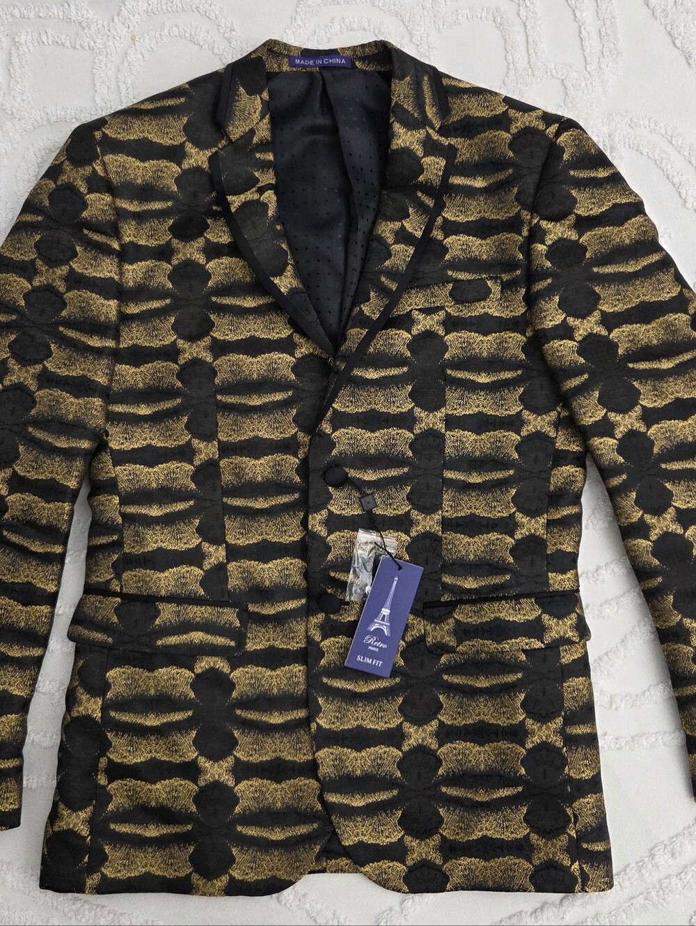 NWT Retro Paris Men's Slim Fit 38R Black Gold Jacquard Tuxedo Blazer